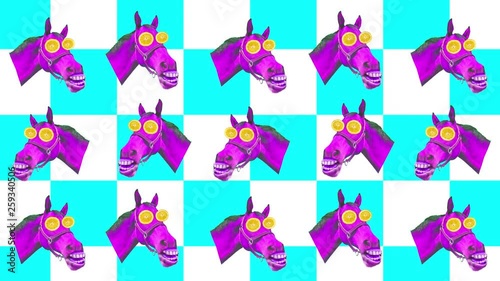 15 dancing hipster horse with lemon on eyes, on an abstract background. Surreal art, contemorary art collage, zine culture.