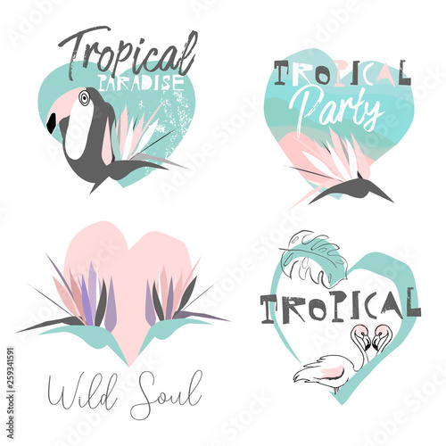 Cute cartoon topical summer set of bright stickers in collage style with hand drawn textures. Trendy chic hawaiian prints for apparel or typography