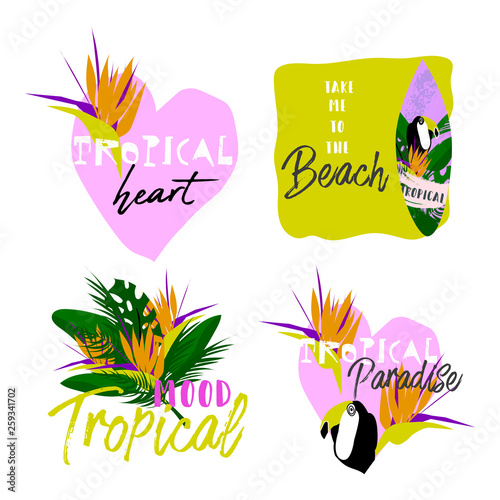 Cute cartoon topical summer set of bright stickers in collage style with hand drawn textures. Trendy chic hawaiian prints for apparel or typography