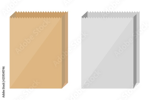 Brown and white paper bags on white background. Stock flat vector illustration.