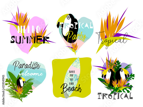 Cute cartoon topical summer set of bright stickers in collage style with hand drawn textures. Trendy chic hawaiian prints for apparel or typography