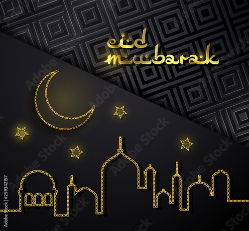 Eid Mubarak concept banner with islamic geometric patterns, crescent moon and star. Ramadan Kareem. Paper cut 3d moon and stars on black background. Vector illustration