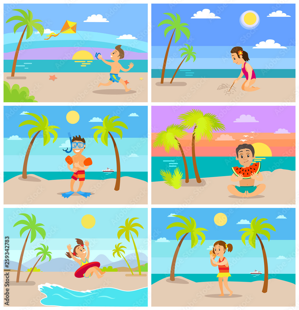Summer beach sunset vector, children playing by seaside. Vacations for kids, boy wearing snorkeling equipment, eating watermelon, girl in lifebuoy