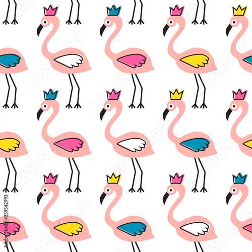 Flamingo with crown seamless pattern. Vector illustration. Surface decoration for kids.