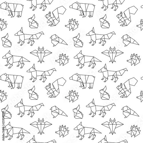 Seamless pattern of forest animal in origami style. Bear, rabbit, squirrel, hedgehog, fox, bird, wolf, owl and rat repetition background.Vector illustration.