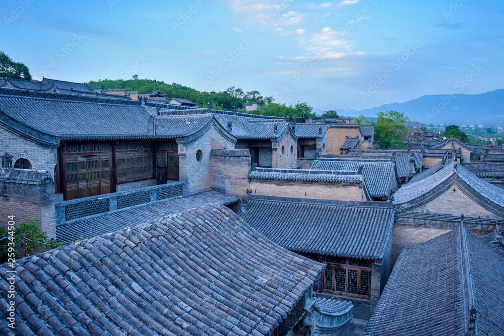 Overlooking Chinese ancient buildings, tile roof of houses