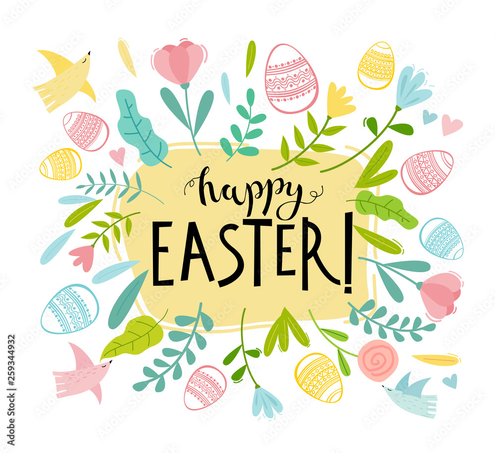 Naklejka premium Happy Easter card with decorative eggs and flowers frame. Hand drawn lettering