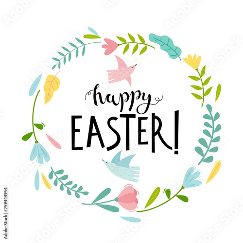 Happy Easter card with decorative flowers frame with birds. Hand drawn lettering