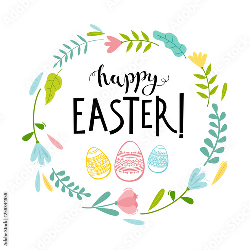 Happy Easter card with decorative eggs and flowers frame. Hand drawn lettering