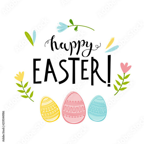 Happy Easter card with decorative eggs and flowers composition. Hand drawn le...