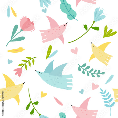 Seamless pattern with cute decorative birds and flowers