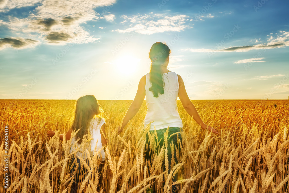 Young woman and her daughter walking on golden wheat field at sunny summer evening. Young woman and her daughter walking on golden wheat field at sunny summer evening.