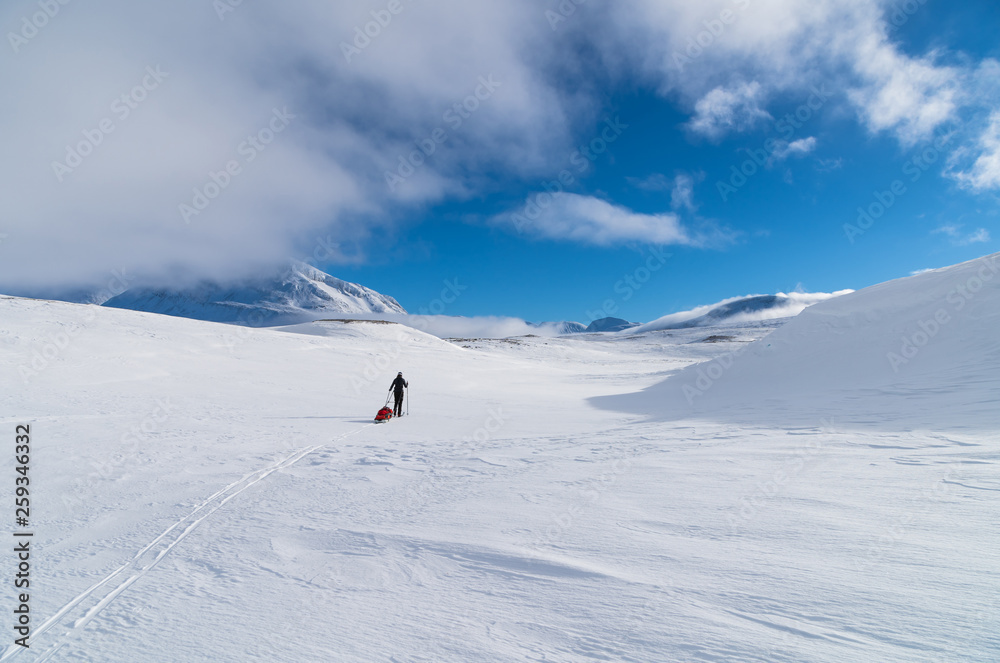 Cross country skier with sled (pulka) in the snow of Sarek National Park. Lapland, Sweden.