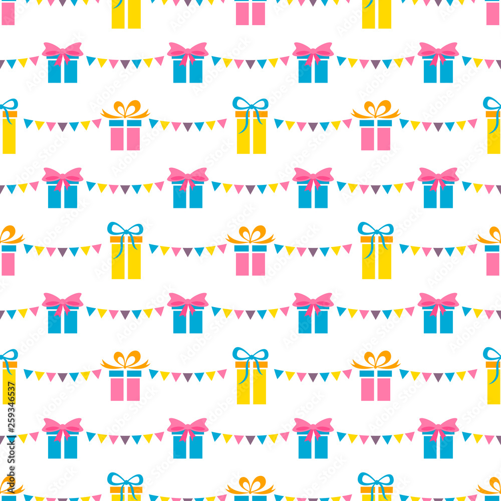 Seamless pattern with party presents and colorful flags