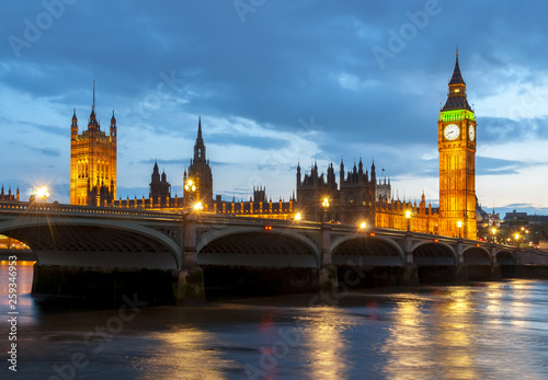 Big Ben tower and Houses of Parliament at sunset, London, UK