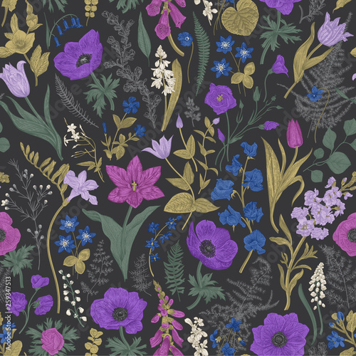 Spring magic. Seamless pattern. Blue and purple flowers. Vector vintage illustration. Luxury