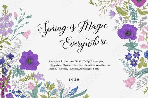Spring magic. Horizontal card. Blue and purple flowers. Vector vintage illustration.