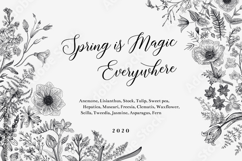 Spring magic. Horizontal card. Vector vintage illustration. Black and white