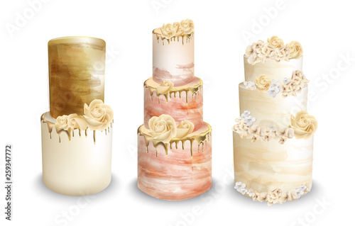 Wedding cakes Vector watercolor. Vintage delicious cakes sets