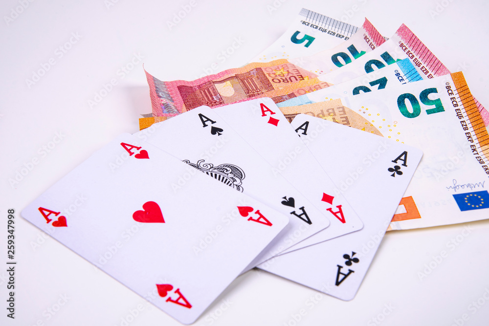 four playing card asses with euro banknotes game winnings four playing card asses with euro banknotes game winnings