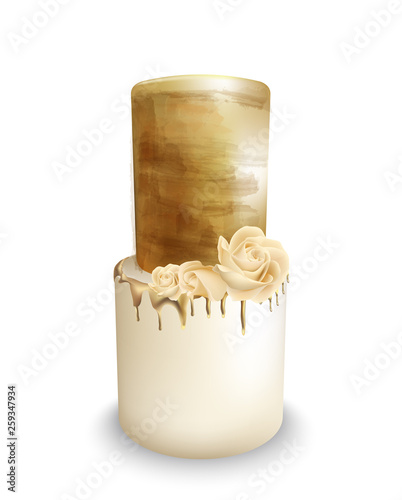 Wedding golden cake with flowers Vector watercolor. Vintage delicious white c...