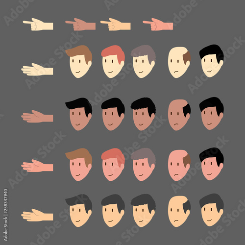 Large isometric Set of gestures of the hands and heads of a men, to create a 3D business man character. Create your isometric person for vector illustrations.