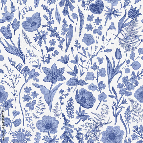 Spring magic. Seamless floral pattern. Blue and white. Toile de Jouy. Vector vintage illustration.