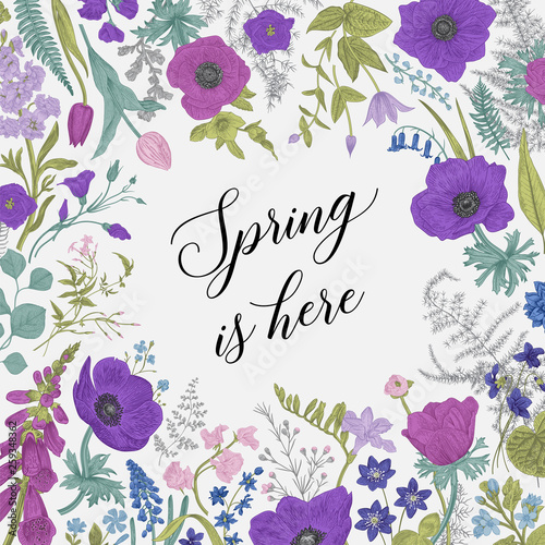 Spring is here. Blue and purple flowers. Vector vintage illustration.