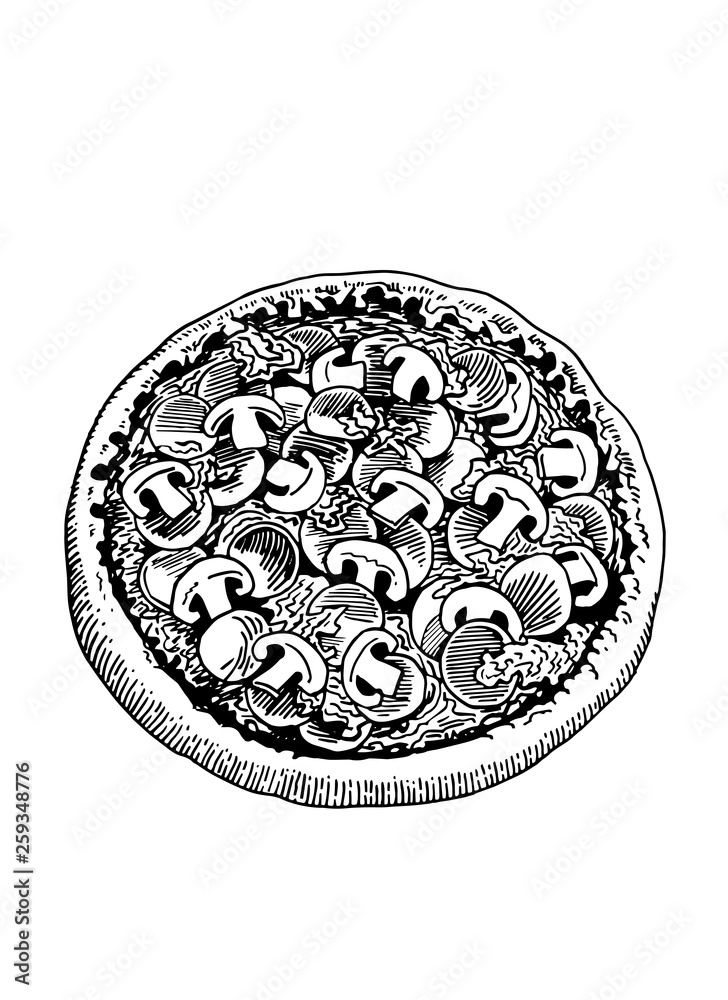 Graphical sketch of mushrooms' pizza isolated on white background, vector illustration,snack Graphical sketch of mushrooms' pizza isolated on white background, vector illustration,snack