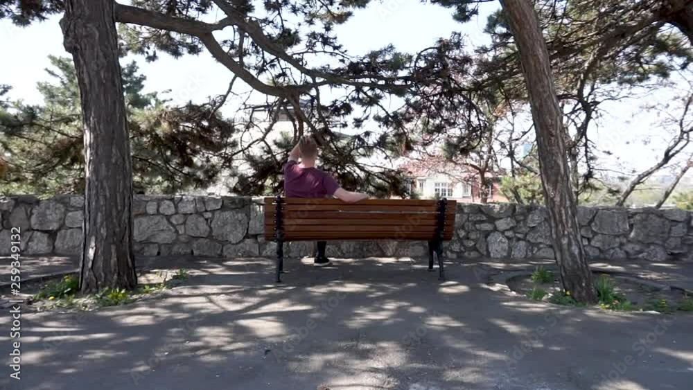 Young redhead man sitting on a park bench, using his phone for social media, enjoying Young redhead man sitting on a park bench, using his phone for social media, enjoying