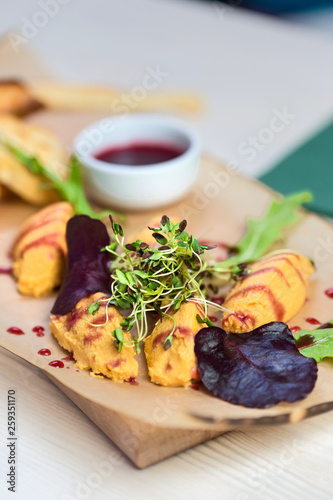 chicken pate with greens and berry jam