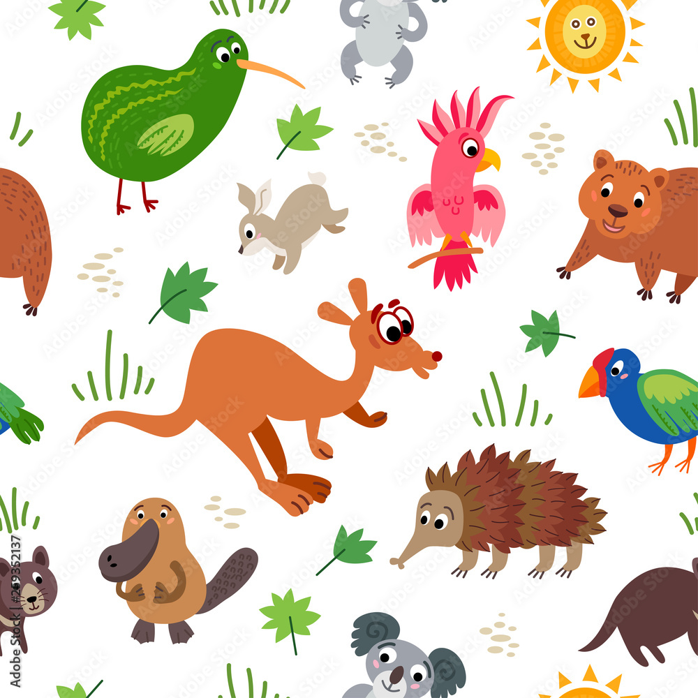 Obraz premium Wild Australia animals seamless pattern in flat style