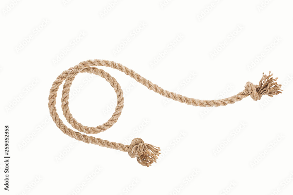 brown jute rope curl with knots isolated on white