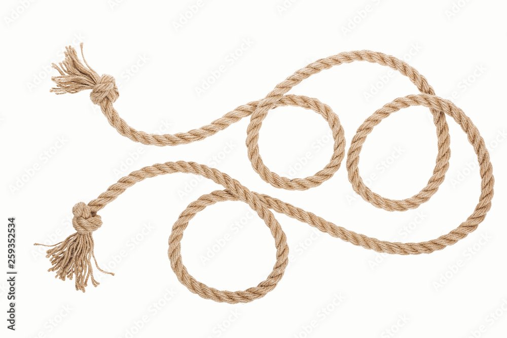 brown jute rope with curls and knots isolated on white