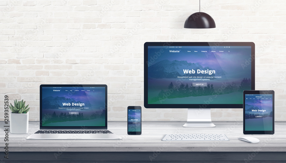 Modern flat design, responsive web site on multiple devices. Concept of web development studio work desk. - obrazy, fototapety, plakaty 