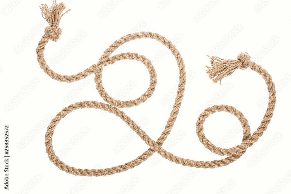 jute rope with curls and knots isolated on white