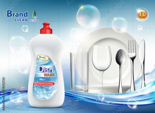 Packaging dishwashing liquid soap. Clean plate and cutlery.