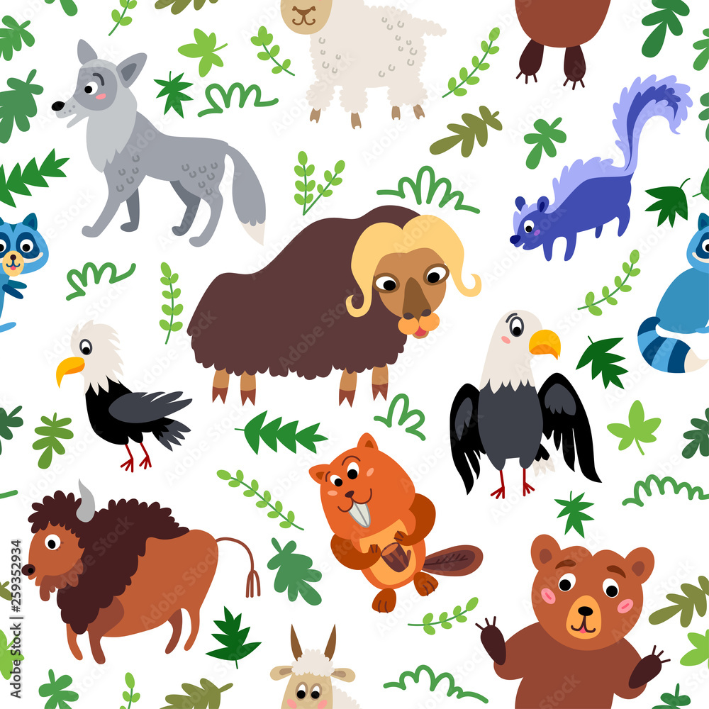 Wild North America animals seamless pattern in flat style