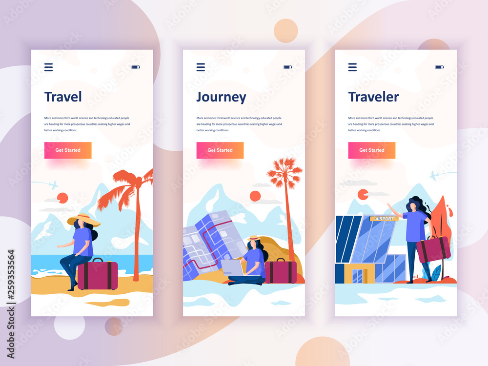 Set of onboarding screens user interface kit for Travel, Journey, Traveler, mobile app templates concept. Modern UX, UI screen for mobile or responsive web site. Vector illustration.
