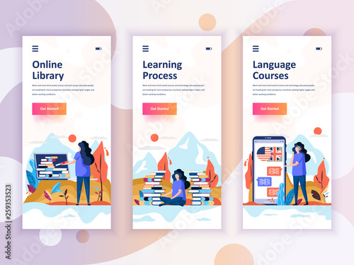 Set of onboarding screens user interface kit for Library, Learning, Language Courses, mobile app templates concept. Modern UX, UI screen for mobile or responsive web site. Vector illustration.