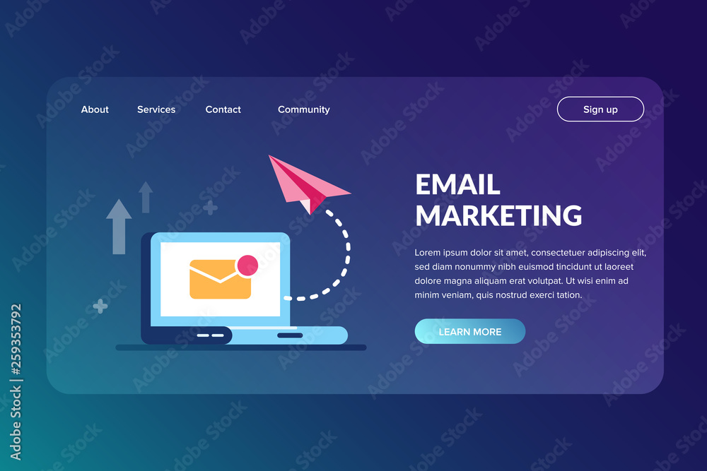 Email marketing web site template. A way to promote a product or service. For use in web design, mobile applications, presentations and motion graphics. Flat vector illustration.