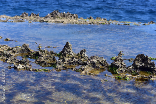 Strange rock formations at Devil's tears cliffs at Nusa Lembongan island, Indonesia