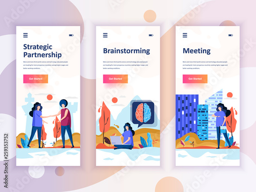 Set of onboarding screens user interface kit for Partnership, Brainstorming, Meeting, mobile app templates concept. Modern UX, UI screen for mobile or responsive web site. Vector illustration.