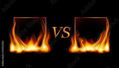 Realistic square light fire flame frame with firework sparkles, vector template illustration on black background.