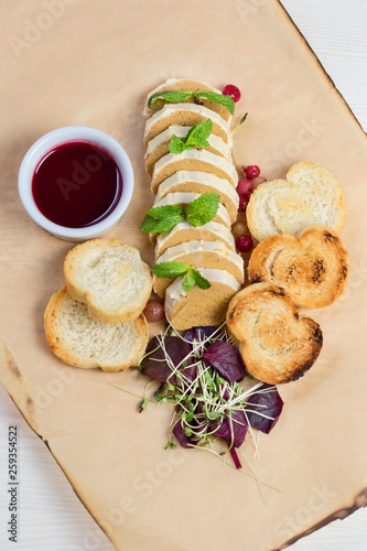 chicken pate with greens and berry jam