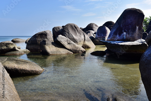 Tanjung Tinggi beach is famous for its sterling white water  white sands and giant granite rocks  Belitung Island  Indonesia