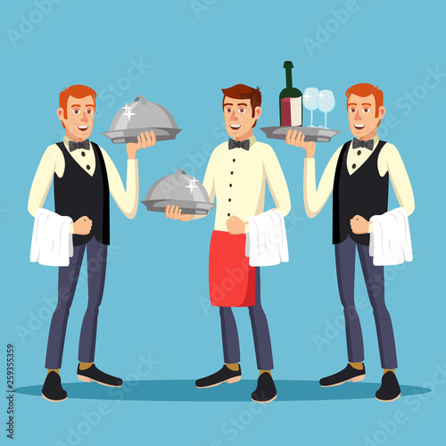 Butler Worker Vector. Man Butler Person In Uniform With Dish. Dinner Restaurant. Illustration