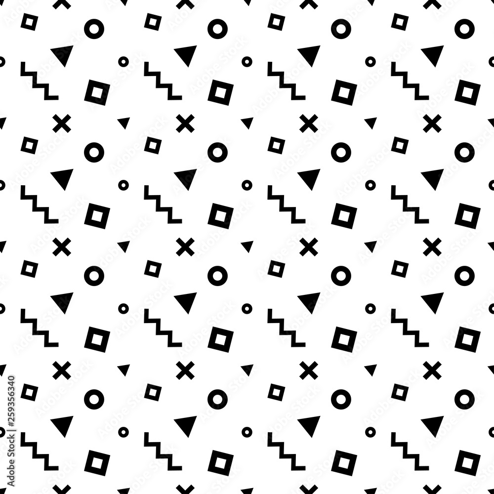 Naklejka premium Seamless memphis pattern with black geometric shapes