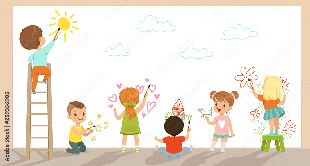 Preschool kids painting with brushes and paints on white wall vector
