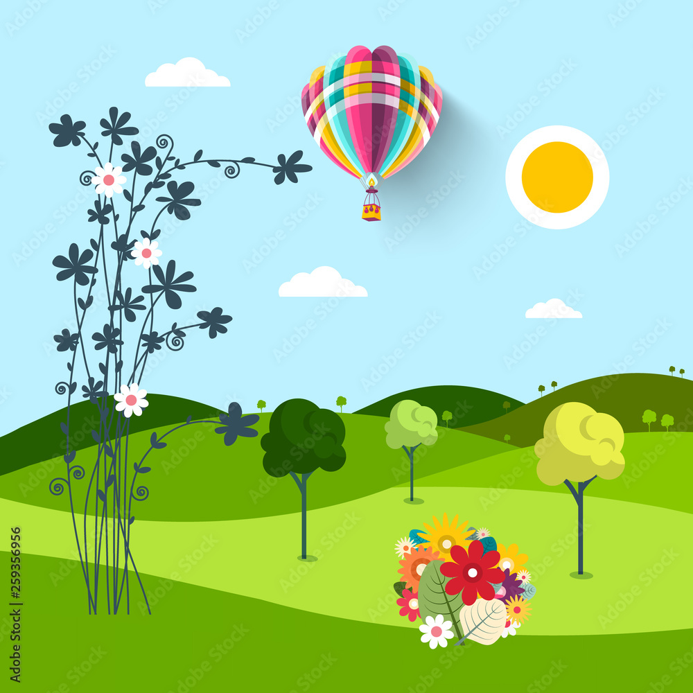 Spring Meadow with Flowers, Trees and Hot Air Balloon on Blue Sky. Sunny Day in Park.